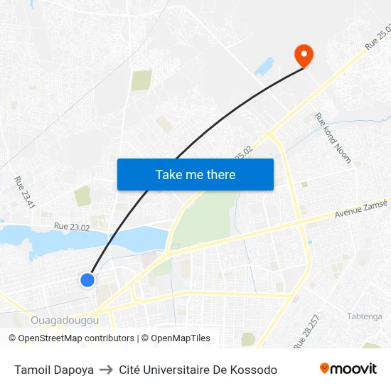 Tamoil Dapoya to Cité Universitaire De Kossodo map