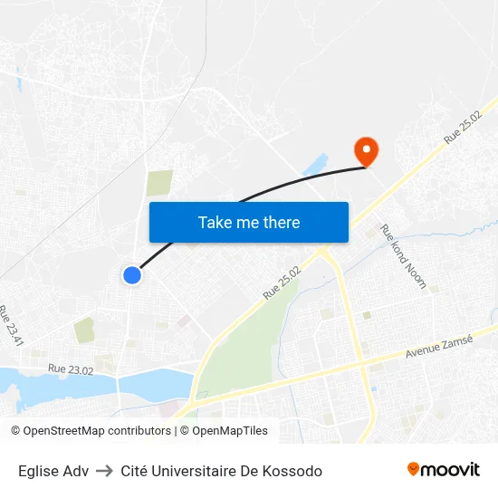 Eglise Adv to Cité Universitaire De Kossodo map