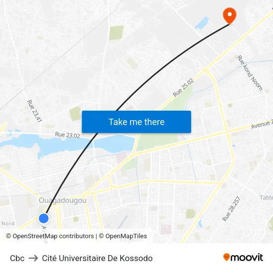 Cbc to Cité Universitaire De Kossodo map
