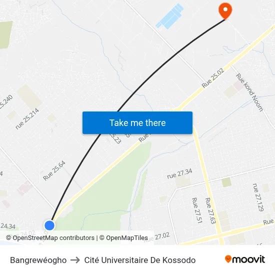 Bangrewéogho to Cité Universitaire De Kossodo map