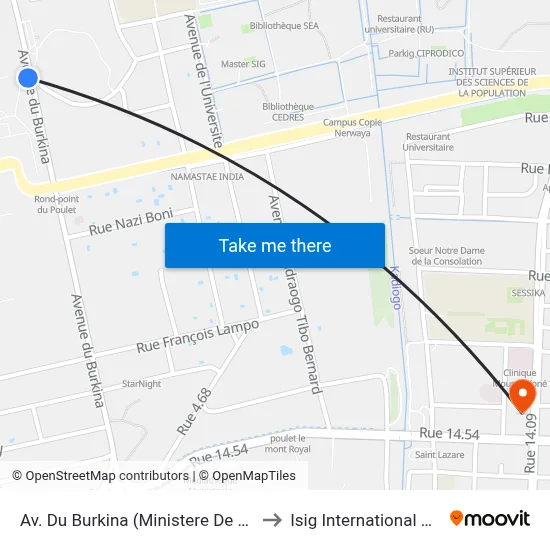 Av. Du Burkina (Ministere De La Santé) to Isig International Annexe map
