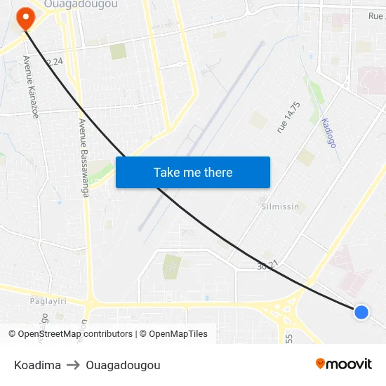 Koadima to Ouagadougou map