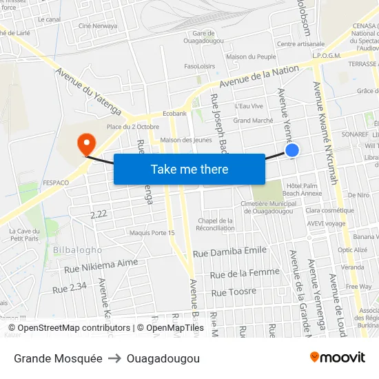 Grande Mosquée to Ouagadougou map