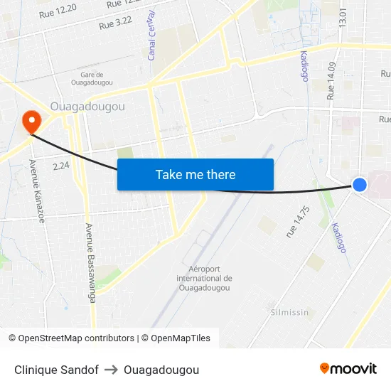 Clinique Sandof to Ouagadougou map