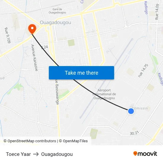 Toece Yaar to Ouagadougou map