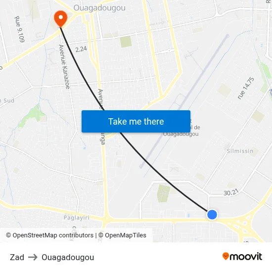 Zad to Ouagadougou map
