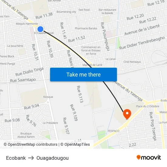 Ecobank to Ouagadougou map