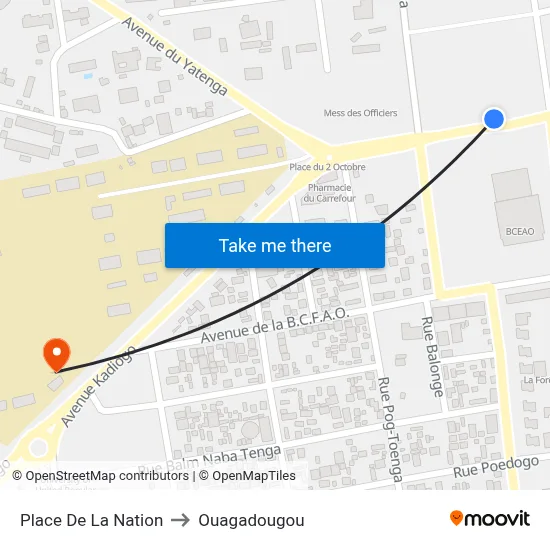 Place De La Nation to Ouagadougou map