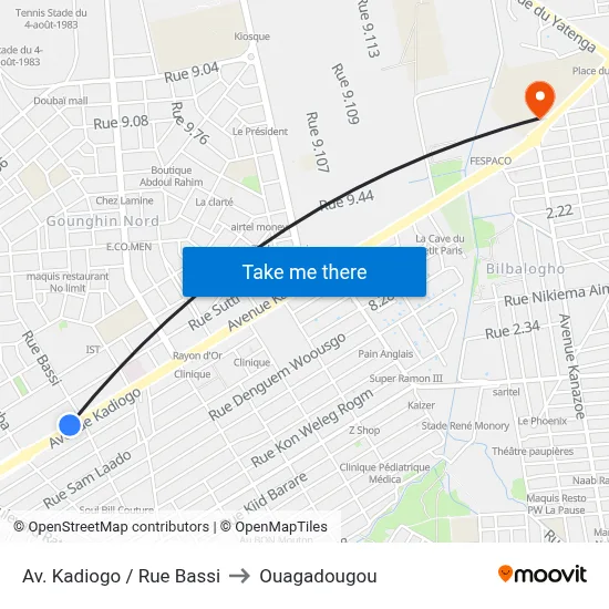 Av. Kadiogo / Rue Bassi to Ouagadougou map