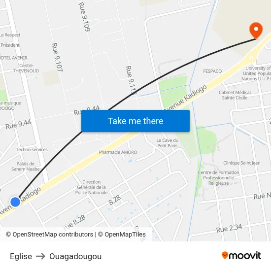 Eglise to Ouagadougou map