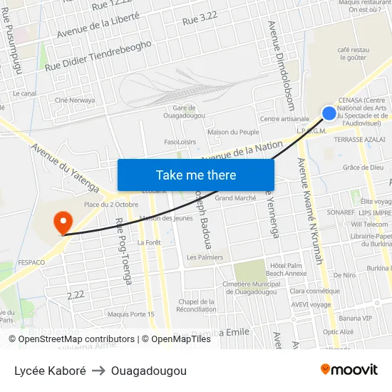 Lycée Kaboré to Ouagadougou map