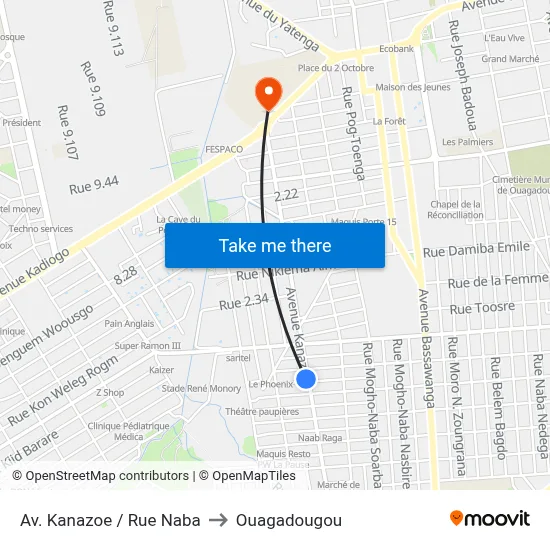 Av. Kanazoe / Rue Naba to Ouagadougou map