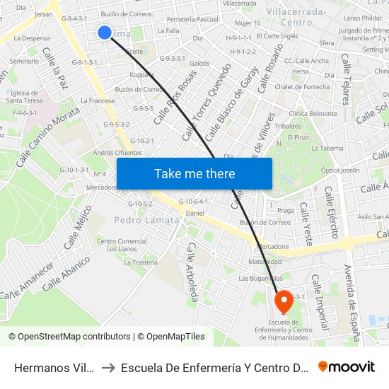 Hermanos Villar 9-11 to Escuela De Enfermería Y Centro De Humanidades map