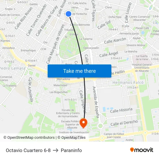 Octavio Cuartero 6-8 to Paraninfo map
