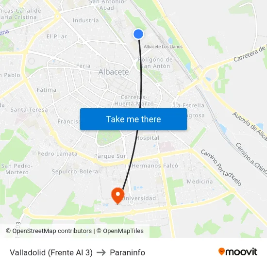 Valladolid (Frente Al 3) to Paraninfo map