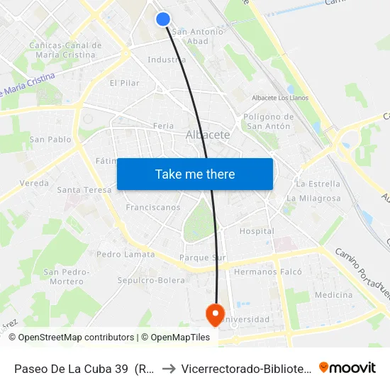 Paseo De La Cuba 39  (Res. De Mayores) to Vicerrectorado-Biblioteca Y Secretaría map