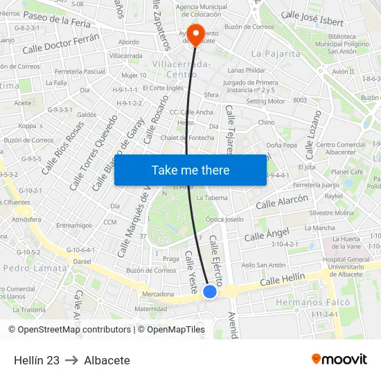 Hellín 23 to Albacete map