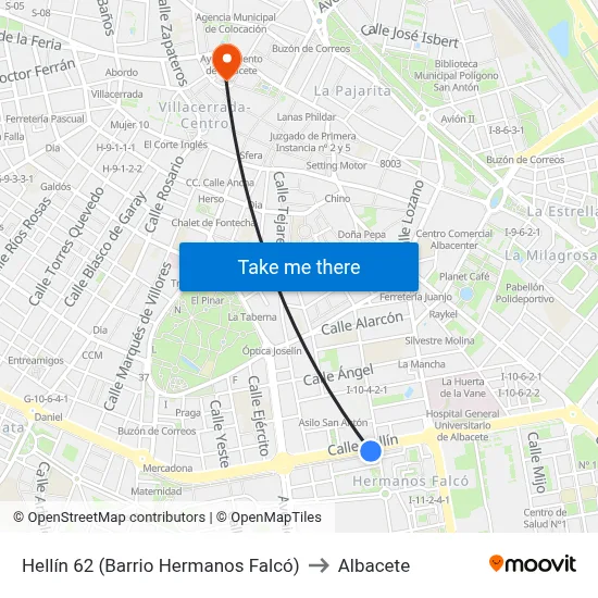 Hellín 62 (Barrio Hermanos Falcó) to Albacete map