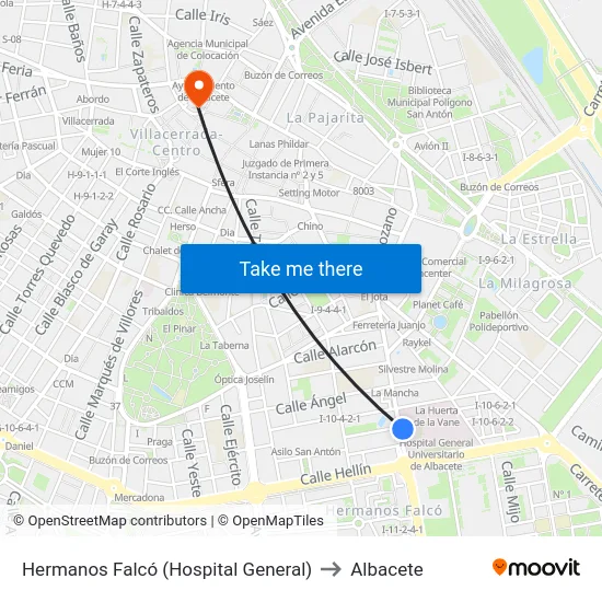 Hermanos Falcó (Hospital General) to Albacete map