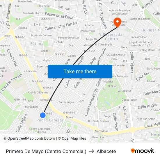 Primero De Mayo (Centro Comercial) to Albacete map