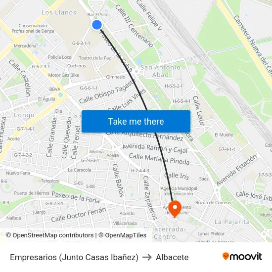 Empresarios (Junto Casas Ibañez) to Albacete map