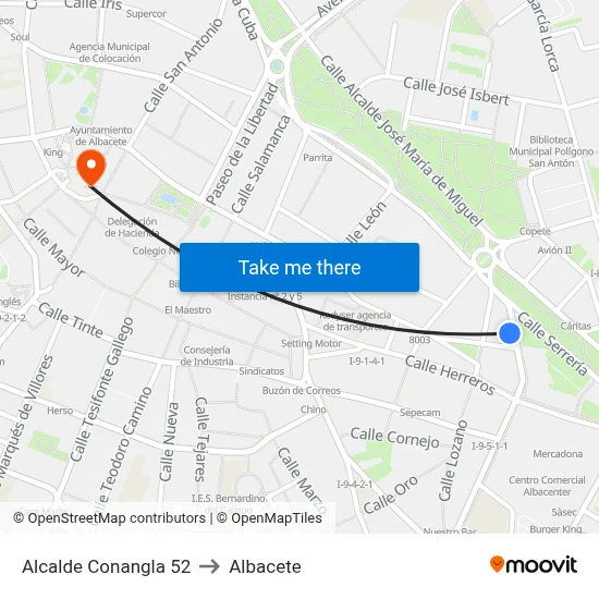 Alcalde Conangla 52 to Albacete map