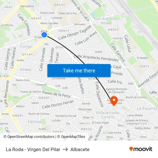La Roda - Virgen Del Pilar to Albacete map