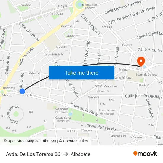 Avda. De Los Toreros 36 to Albacete map