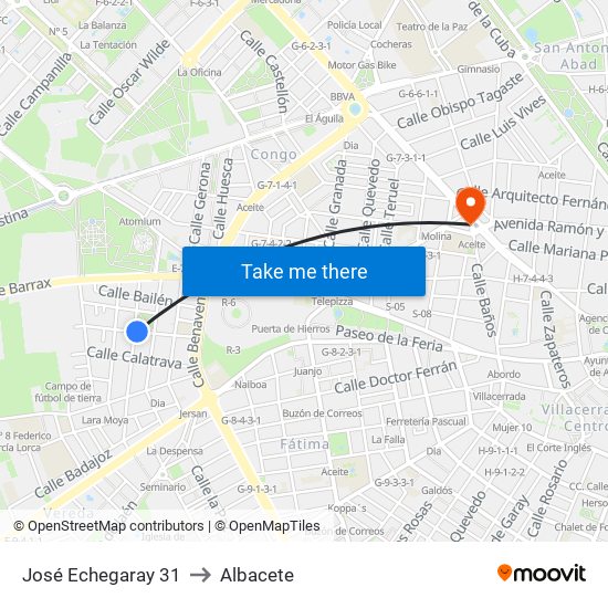 José Echegaray 31 to Albacete map