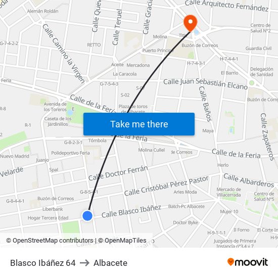 Blasco Ibáñez 64 to Albacete map
