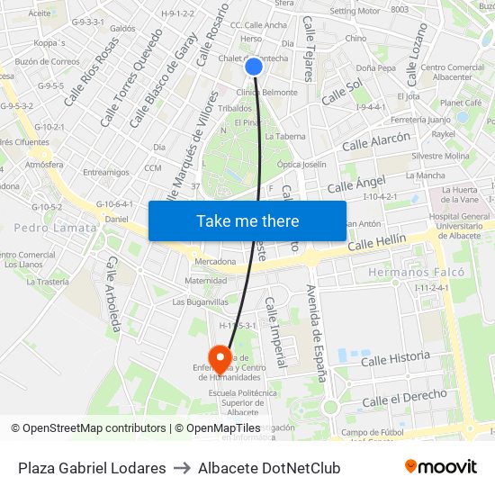 Plaza Gabriel Lodares to Albacete DotNetClub map