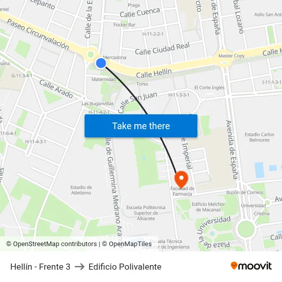 Hellín - Frente 3 to Edificio Polivalente map