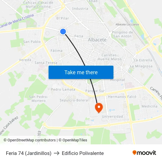 Feria 74 (Jardinillos) to Edificio Polivalente map