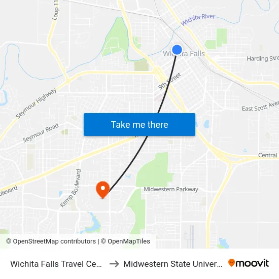 Wichita Falls Travel Center to Midwestern State University map