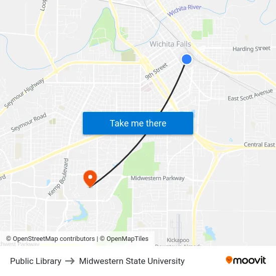 Public Library to Midwestern State University map