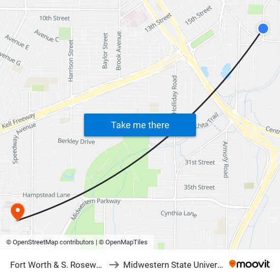 Fort Worth & S. Rosewood to Midwestern State University map