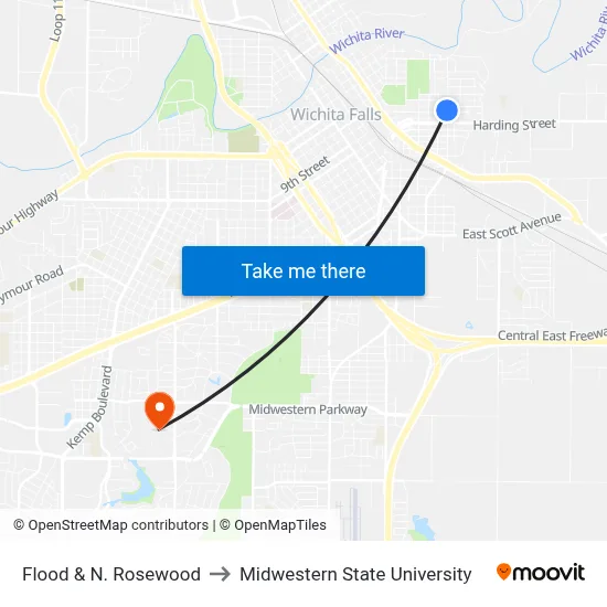 Flood & N. Rosewood to Midwestern State University map