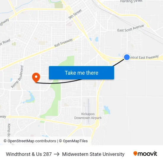 Windthorst & Us 287 to Midwestern State University map