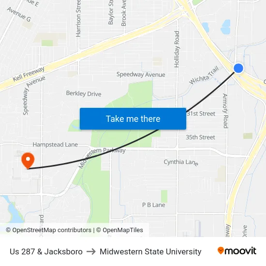 Us 287 & Jacksboro to Midwestern State University map