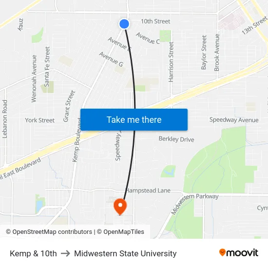 Kemp & 10th to Midwestern State University map