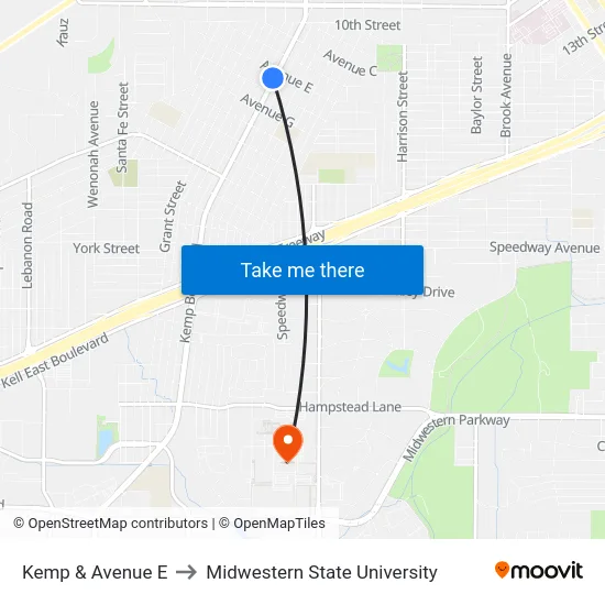 Kemp & Avenue E to Midwestern State University map