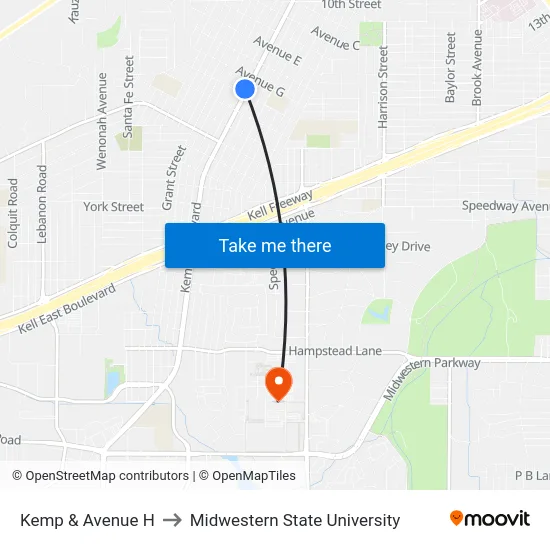 Kemp & Avenue H to Midwestern State University map
