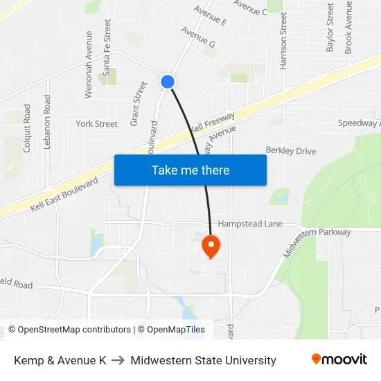 Kemp & Avenue K to Midwestern State University map