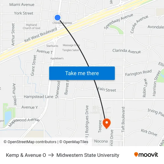 Kemp & Avenue O to Midwestern State University map