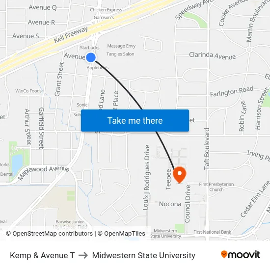 Kemp & Avenue T to Midwestern State University map