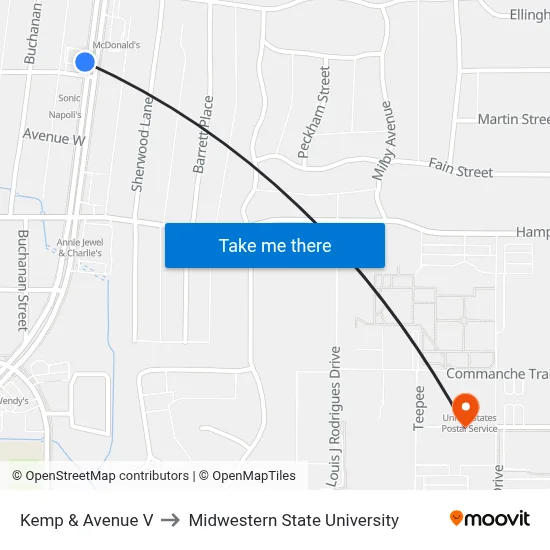 Kemp & Avenue V to Midwestern State University map