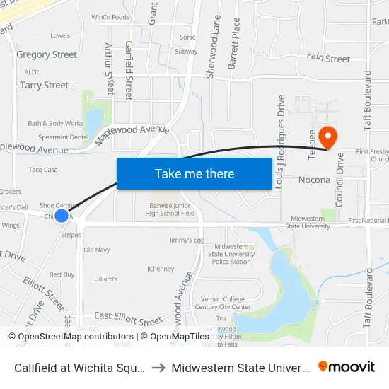 Callfield at Wichita Square to Midwestern State University map