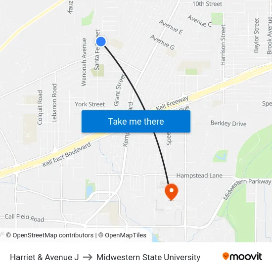 Harriet & Avenue J to Midwestern State University map
