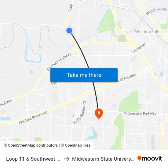 Loop 11 & Southwest Dr. to Midwestern State University map