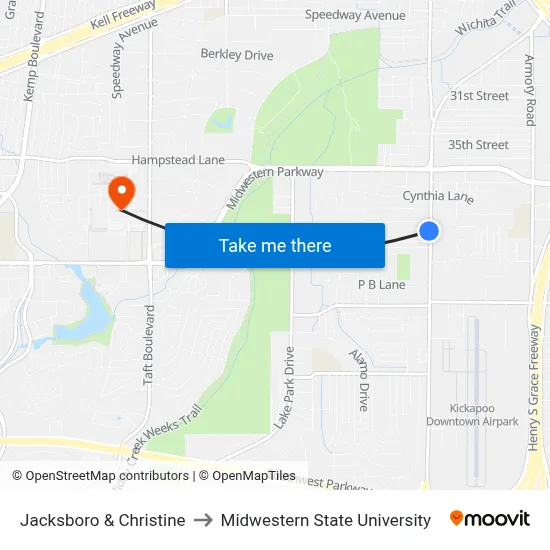 Jacksboro & Christine to Midwestern State University map